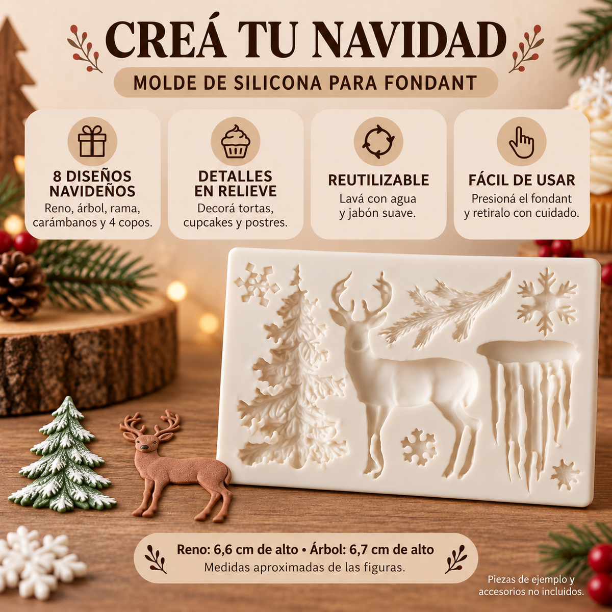 Molde Silicona Navidad Reno Arbol Copos Fondant Reposteria